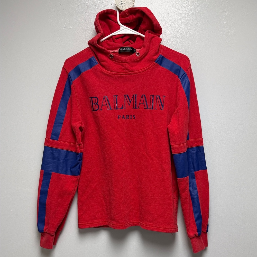 Balmain Red Hoodie with Blue Panel Details size M